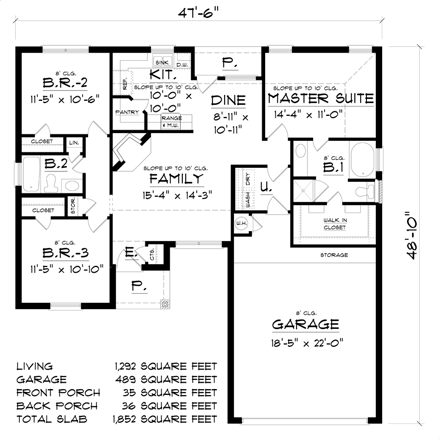 Ranch, Traditional House Plan 60832 with 3 Beds, 2 Baths, 2 Car Garage First Level Plan