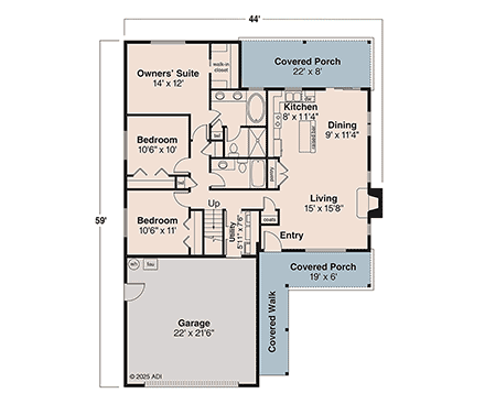 Cottage, Country, Ranch, Traditional House Plan 60900 with 3 Beds, 2 Baths, 2 Car Garage First Level Plan