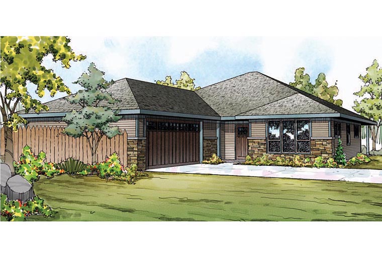 Bungalow, Contemporary, Craftsman, Prairie Style, Ranch Plan with 2091 Sq. Ft., 3 Bedrooms, 2 Bathrooms, 2 Car Garage Elevation