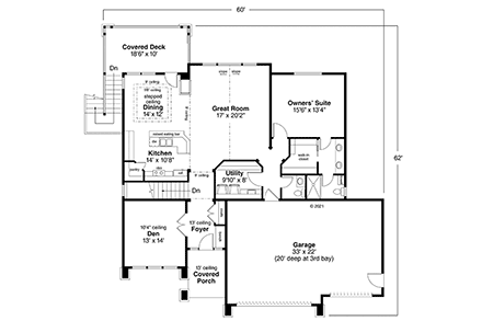 Bungalow, Craftsman, European, Prairie House Plan 60940 with 3 Beds, 3 Baths, 3 Car Garage First Level Plan