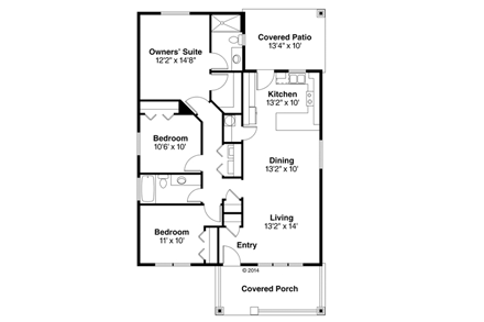 Bungalow, Cottage, Country House Plan 60969 with 3 Beds, 2 Baths First Level Plan