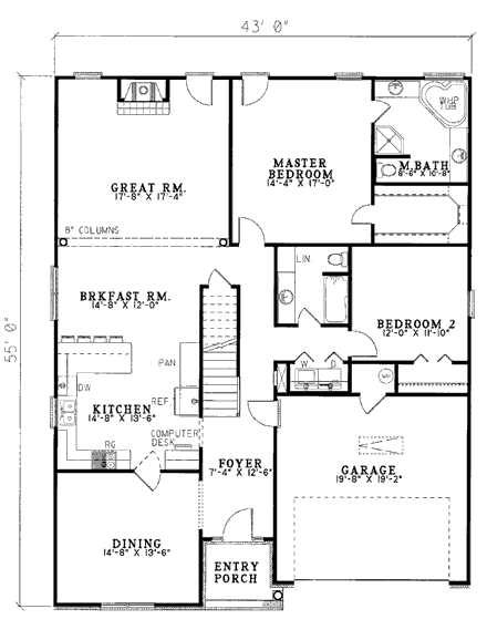 Traditional House Plan 61014 with 3 Beds, 2 Baths, 2 Car Garage First Level Plan