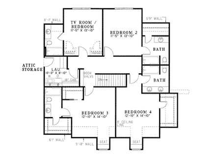 European House Plan 61023 with 5 Beds, 6 Baths, 2 Car Garage Second Level Plan