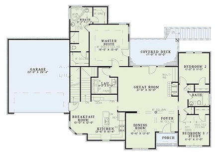 European House Plan 61037 with 3 Beds, 3 Baths, 2 Car Garage First Level Plan