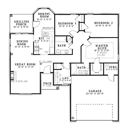 Traditional House Plan 61044 with 3 Beds, 2 Baths, 2 Car Garage First Level Plan