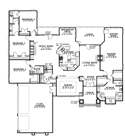 Contemporary, European House Plan 61082 with 4 Beds, 3 Baths, 3 Car Garage First Level Plan
