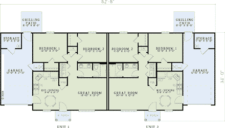 Multi-Family Plan 61089 with 4 Beds, 2 Baths, 2 Car Garage First Level Plan
