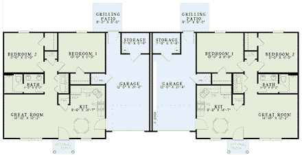 Multi-Family Plan 61091 with 4 Beds, 2 Baths, 2 Car Garage First Level Plan