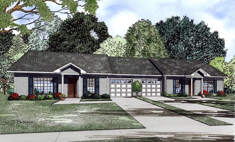 Multi-Family Plan 61091 with 4 Beds, 2 Baths, 2 Car Garage Elevation