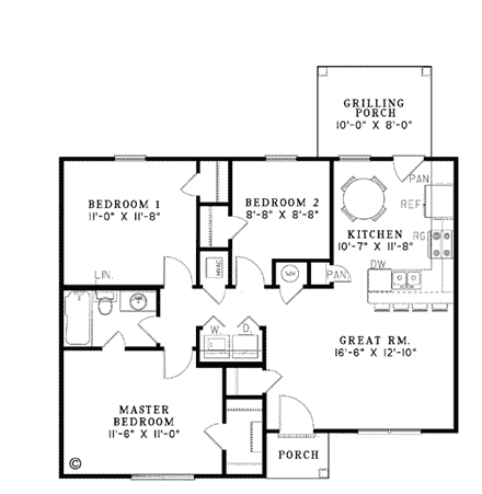 One-Story, Ranch, Traditional House Plan 61093 with 3 Beds, 1 Baths First Level Plan