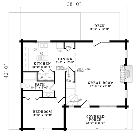 Log, Narrow Lot House Plan 61101 with 2 Beds, 2 Baths First Level Plan