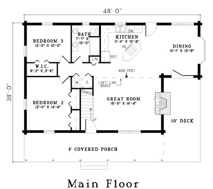 Country, Log House Plan 61122 with 3 Beds, 2 Baths First Level Plan