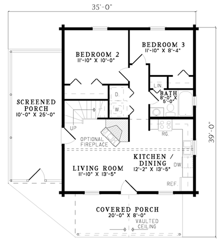 Log, Narrow Lot House Plan 61123 with 3 Beds, 2 Baths First Level Plan