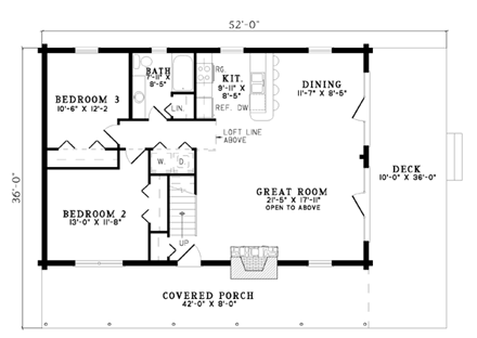 Log House Plan 61124 with 3 Beds, 2 Baths First Level Plan