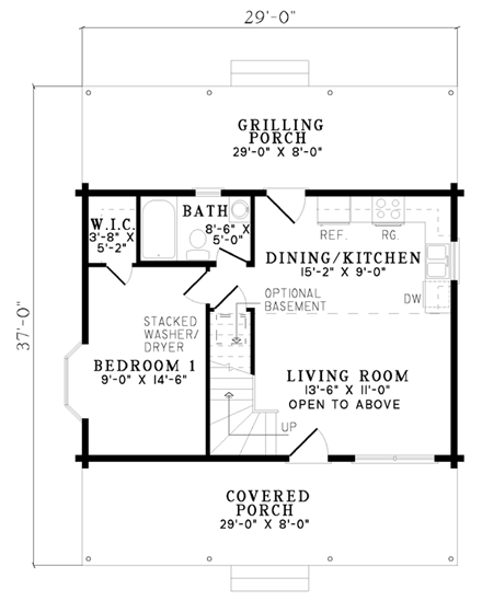 Log House Plan 61147 with 2 Beds, 1 Baths First Level Plan