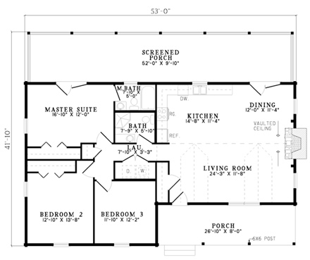 Log, One-Story House Plan 61152 with 3 Beds, 2 Baths First Level Plan