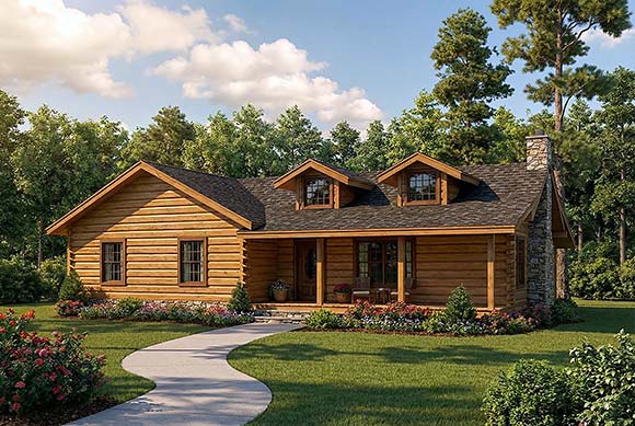 Log, One-Story House Plan 61152 with 3 Beds, 2 Baths Elevation