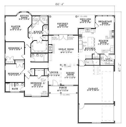 One-Story, Traditional House Plan 61159 with 4 Beds, 3 Baths, 3 Car Garage First Level Plan