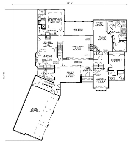 House Plan 61160 with 4 Beds, 5 Baths, 3 Car Garage First Level Plan