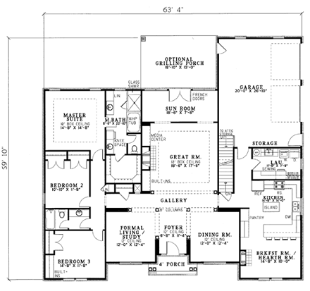 European, One-Story House Plan 61168 with 3 Beds, 3 Baths, 2 Car Garage First Level Plan