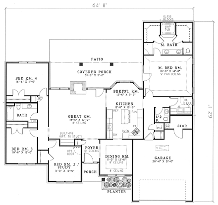 One-Story, Traditional House Plan 61170 with 4 Beds, 3 Baths, 2 Car Garage First Level Plan