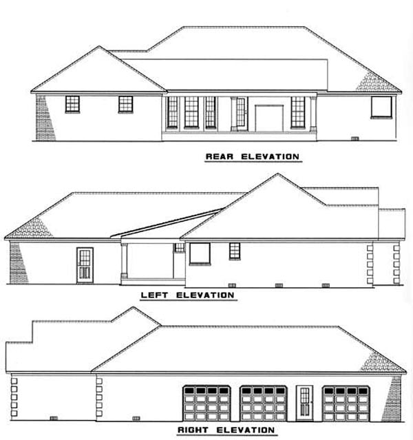 European, Traditional Plan with 2096 Sq. Ft., 3 Bedrooms, 3 Bathrooms, 3 Car Garage Rear Elevation
