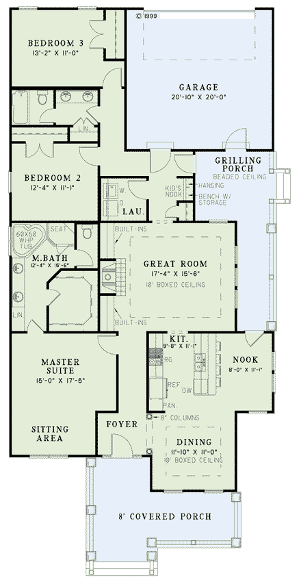House Plan 61189 with 3 Beds, 2 Baths, 2 Car Garage First Level Plan