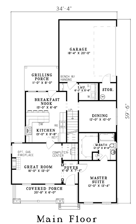 Colonial, Narrow Lot House Plan 61200 with 3 Beds, 2 Baths, 2 Car Garage First Level Plan