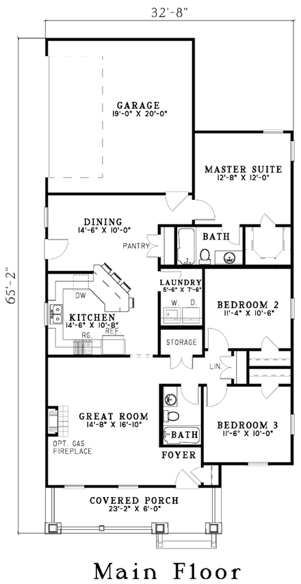 Bungalow, Narrow Lot, One-Story House Plan 61201 with 3 Beds, 2 Baths, 2 Car Garage First Level Plan