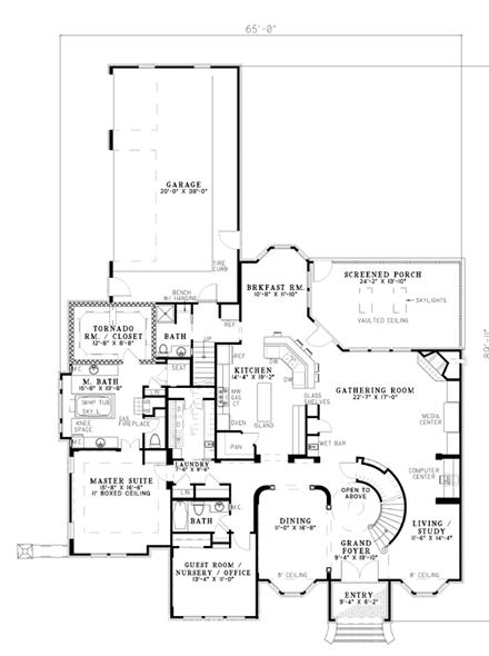 European House Plan 61204 with 5 Beds, 5 Baths, 3 Car Garage First Level Plan