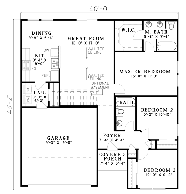 Narrow Lot, One-Story, Traditional House Plan 61207 with 3 Beds, 2 Baths, 2 Car Garage Level One