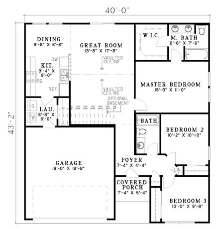 Narrow Lot, One-Story, Traditional House Plan 61207 with 3 Beds, 2 Baths, 2 Car Garage First Level Plan