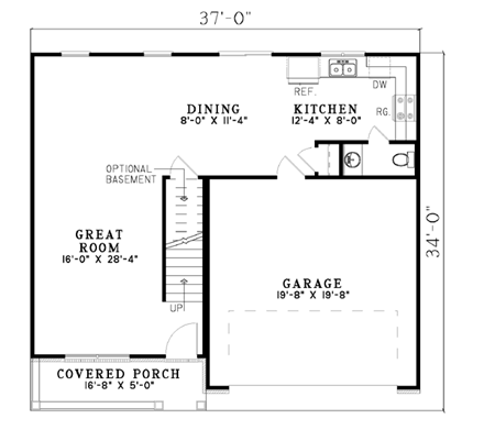 Narrow Lot, Traditional House Plan 61210 with 4 Beds, 3 Baths, 2 Car Garage First Level Plan