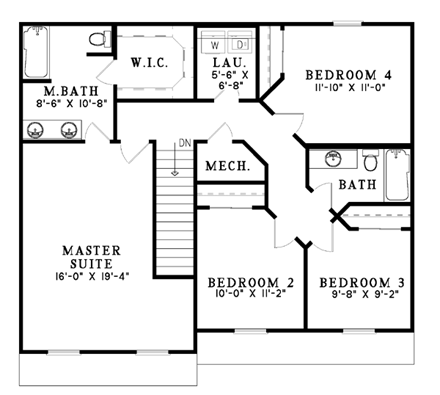 Narrow Lot, Traditional House Plan 61210 with 4 Beds, 3 Baths, 2 Car Garage Second Level Plan