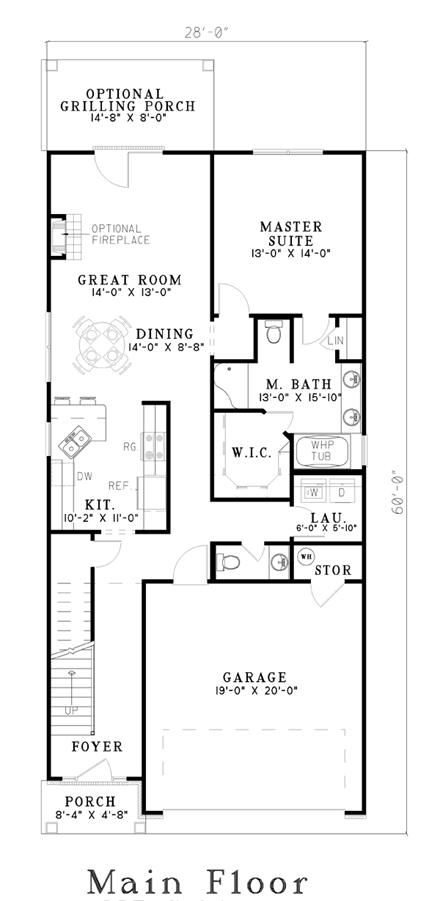 Narrow Lot House Plan 61214 with 3 Beds, 3 Baths, 2 Car Garage First Level Plan