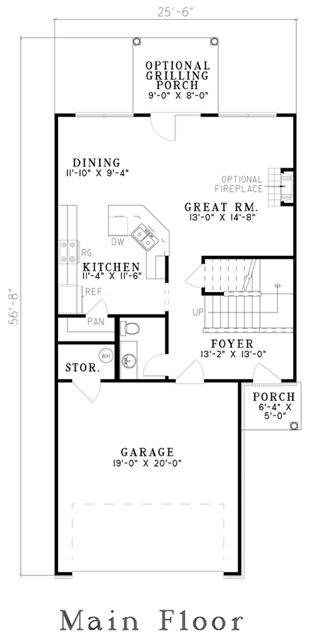 Narrow Lot, Traditional House Plan 61216 with 3 Beds, 3 Baths, 2 Car Garage First Level Plan