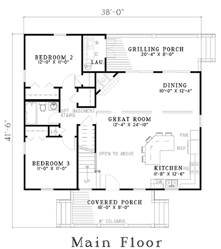 Country, Narrow Lot House Plan 61221 with 4 Beds, 2 Baths, 2 Car Garage First Level Plan