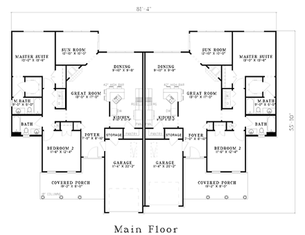 Country, One-Story Multi-Family Plan 61226 with 4 Beds, 4 Baths, 2 Car Garage First Level Plan