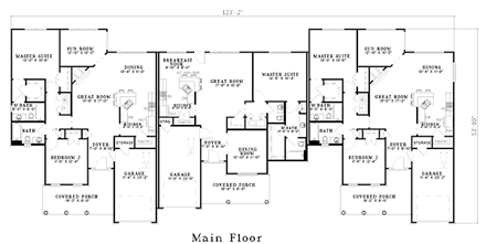 Country, One-Story Multi-Family Plan 61227 with 5 Beds, 6 Baths, 3 Car Garage First Level Plan