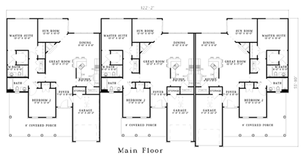 Country, One-Story Multi-Family Plan 61228 with 6 Beds, 6 Baths, 3 Car Garage First Level Plan