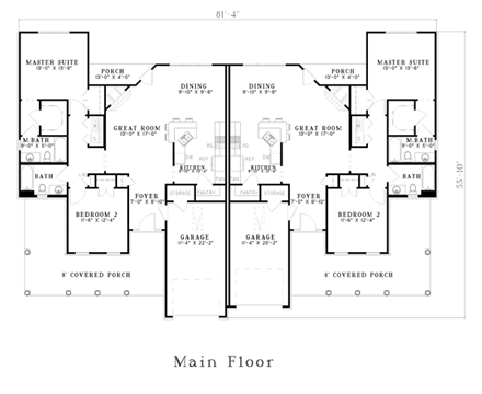 Country, One-Story Multi-Family Plan 61229 with 4 Beds, 4 Baths, 2 Car Garage First Level Plan