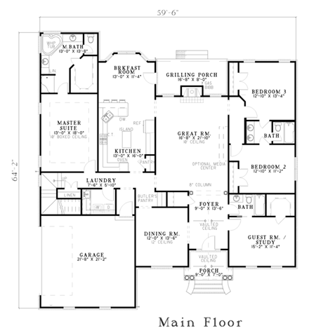 European, One-Story House Plan 61231 with 4 Beds, 3 Baths, 2 Car Garage First Level Plan