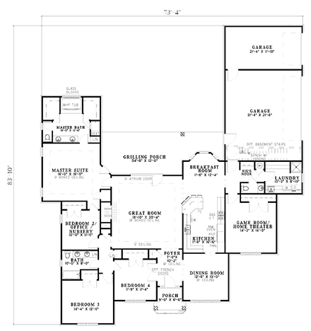 Contemporary, One-Story House Plan 61240 with 4 Beds, 3 Baths, 3 Car Garage First Level Plan