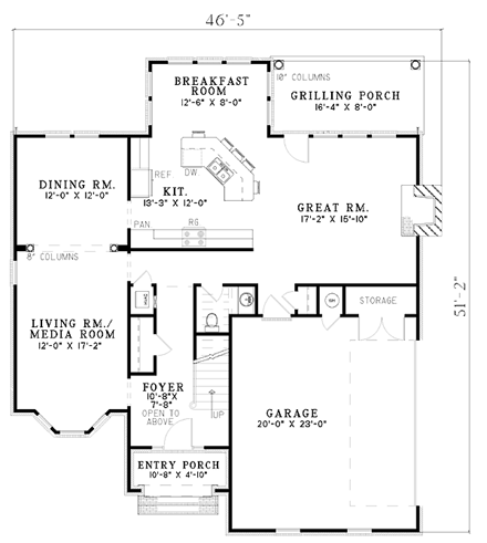 European House Plan 61257 with 3 Beds, 3 Baths, 2 Car Garage First Level Plan