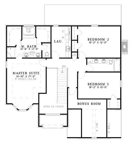 European House Plan 61257 with 3 Beds, 3 Baths, 2 Car Garage Second Level Plan