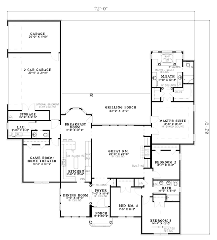 European, One-Story House Plan 61260 with 4 Beds, 3 Baths, 3 Car Garage First Level Plan