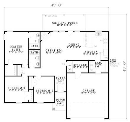 European, One-Story House Plan 61263 with 3 Beds, 2 Baths, 2 Car Garage First Level Plan