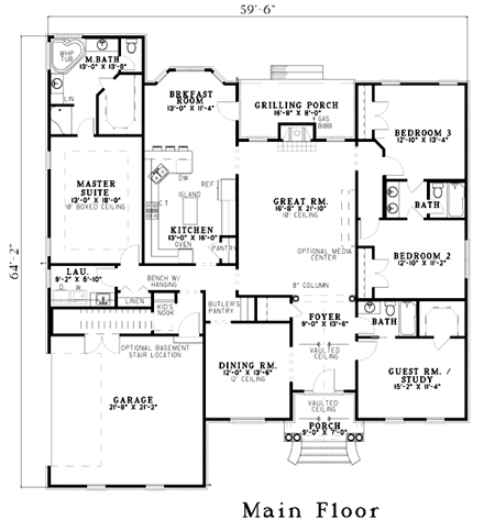 European House Plan 61269 with 4 Beds, 3 Baths, 2 Car Garage First Level Plan