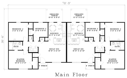 One-Story, Ranch Multi-Family Plan 61274 with 6 Beds, 2 Baths First Level Plan