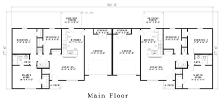 One-Story, Ranch Multi-Family Plan 61275 with 6 Beds, 2 Baths, 2 Car Garage First Level Plan